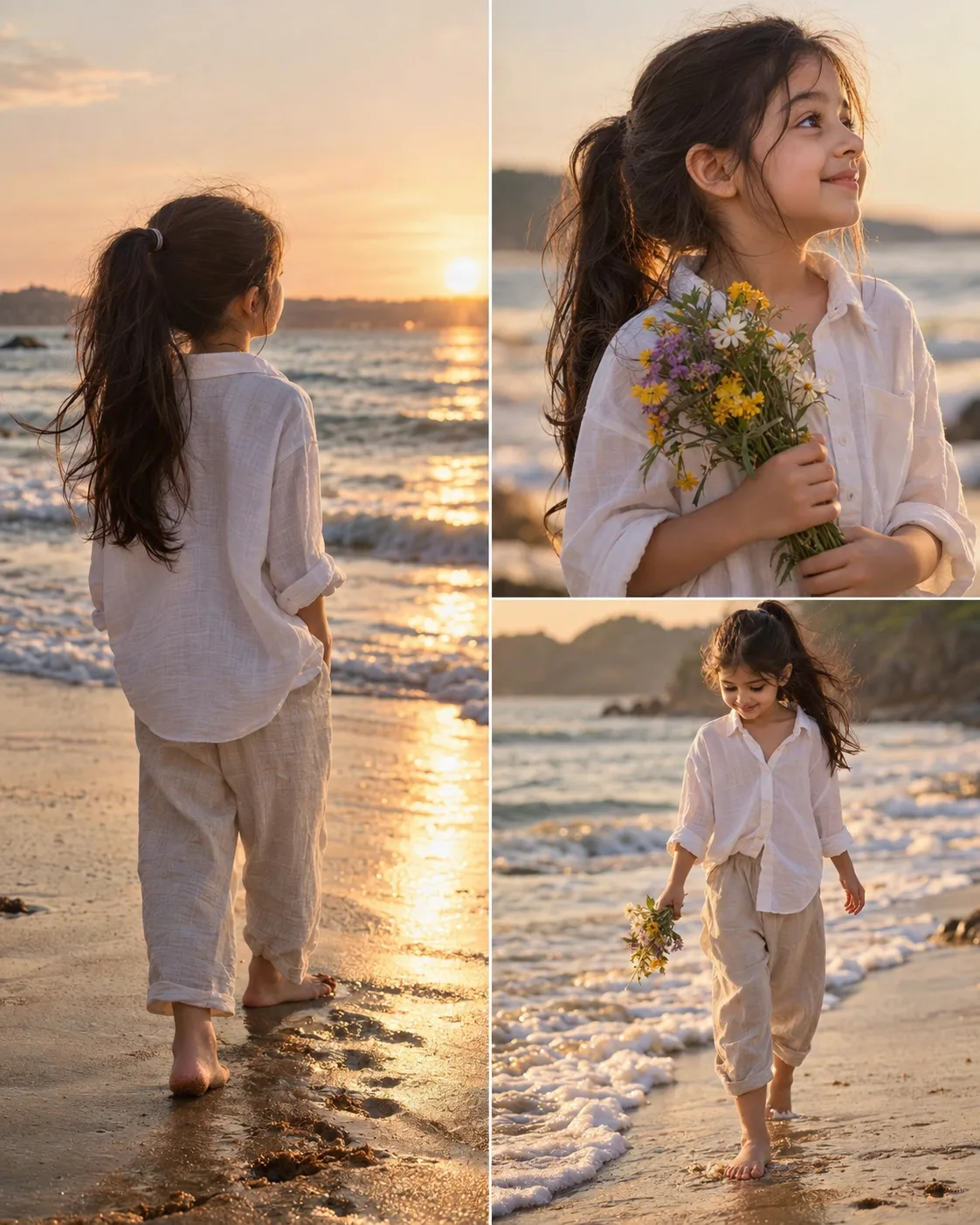 Ultra-realistic cinematic beachside 3-panel collage of the same young Indian girl (use uploaded face reference for 100% facial accuracy and