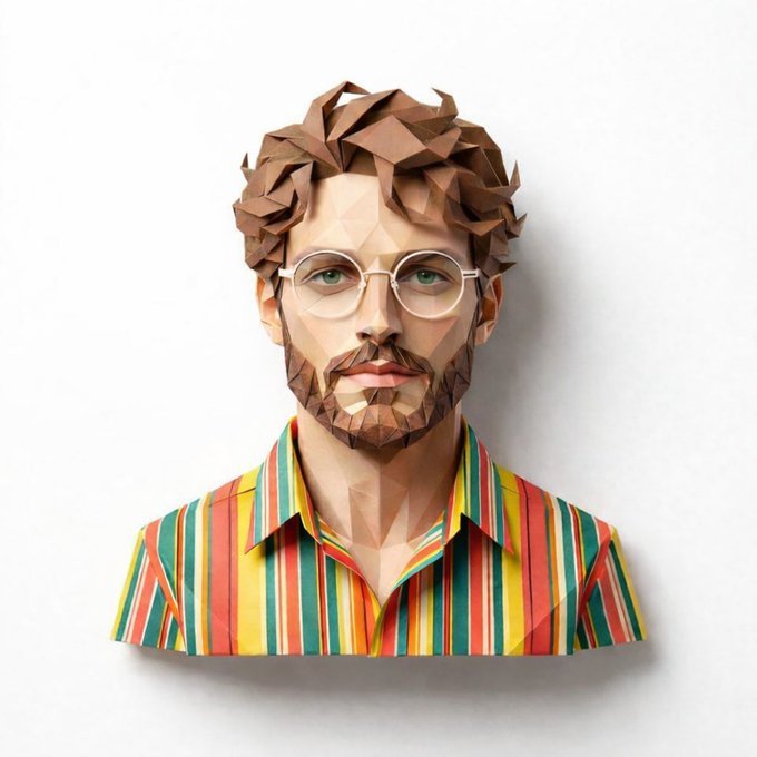 A high-definition low-poly paper-craft portrait bust of a young man, centered and facing forward.