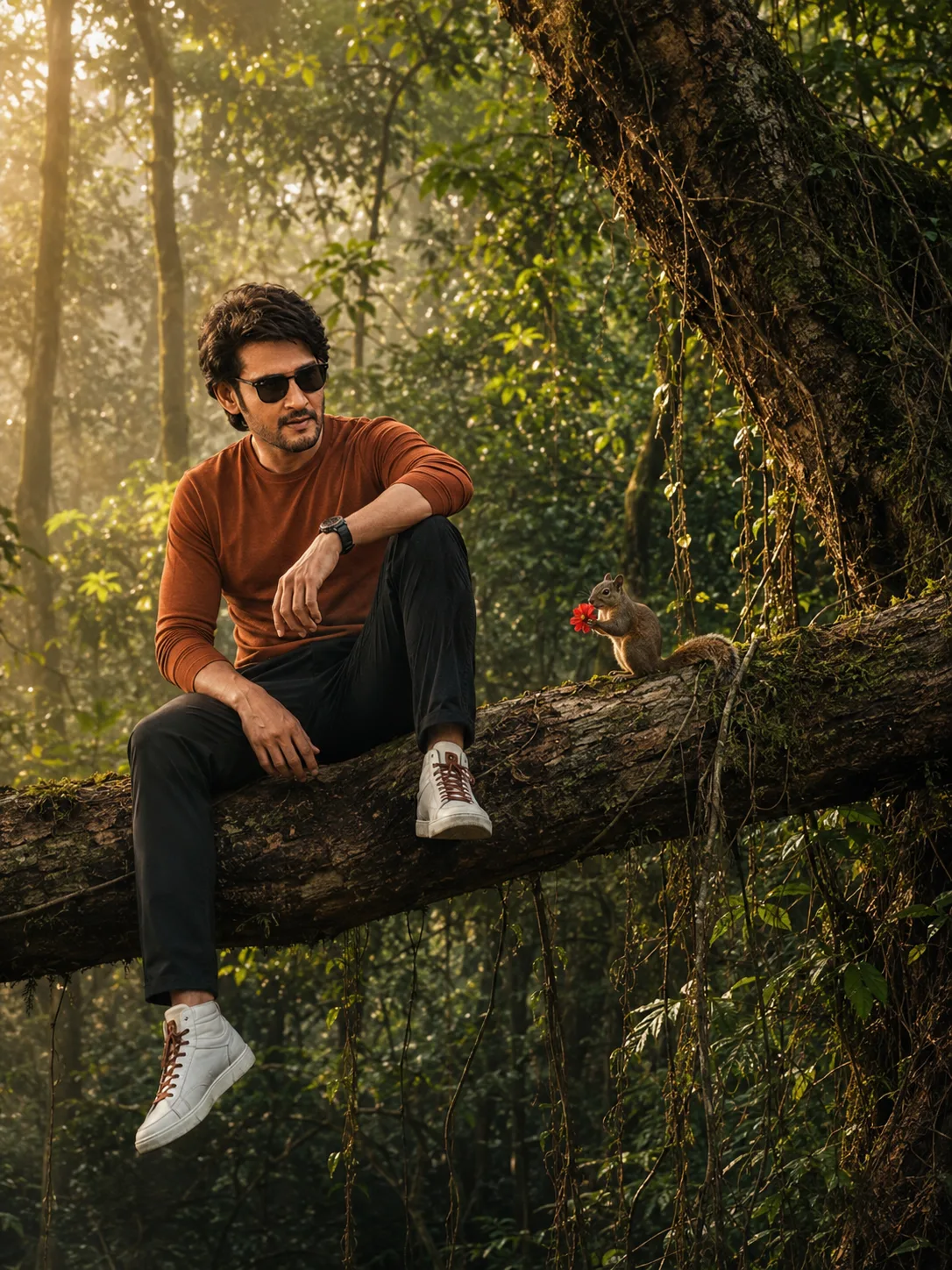 Create an ultra-realistic, cinematic environmental portrait of a stylish young man sitting casually on a massive horizontal tree branch