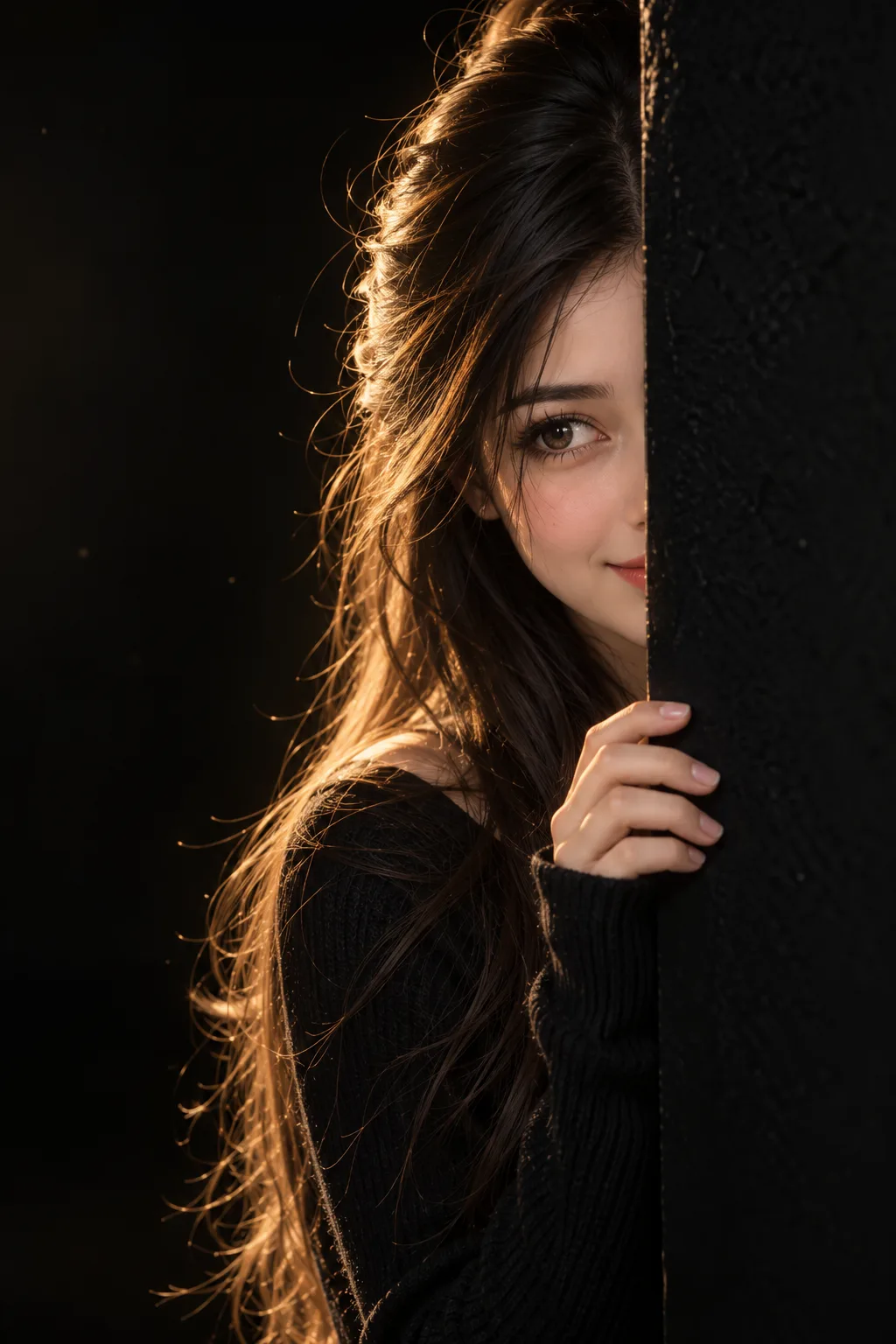 A cinematic anime-style digital artwork of a uploaded young woman peeking from behind a black wall, only half of her face and body visible.