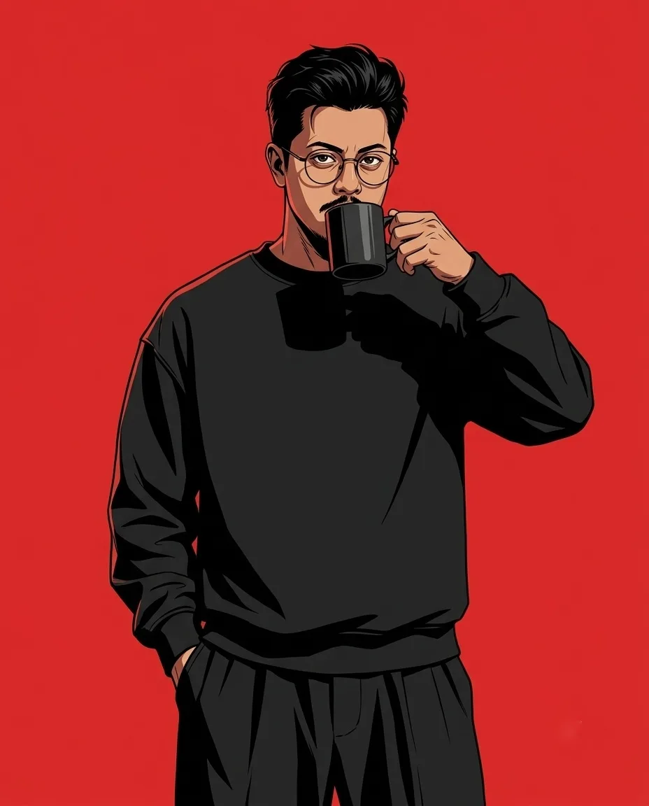 PROMPT A stylish digital illustration of a handsome young man standing confidently against a completely solid vivid red background, messy