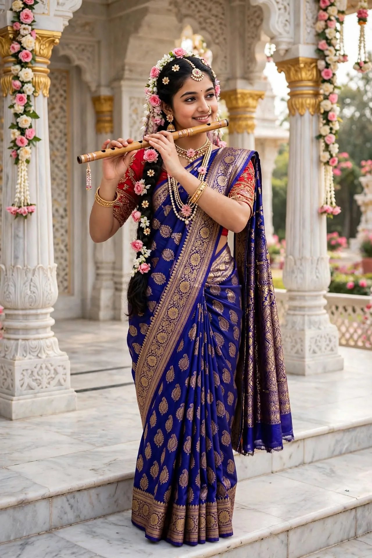 A beautiful young Indian woman in royal blue Banarasi silk saree with golden zari work, red embroidered blouse, wearing traditional gold