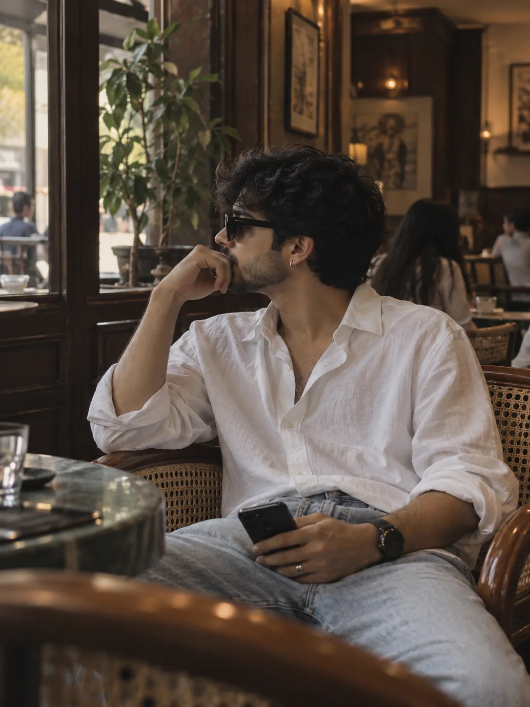 A cinematic, realistic, moody indoor café portrait of a young man sitting on a rattan chair, looking thoughtfully to the left side, with a