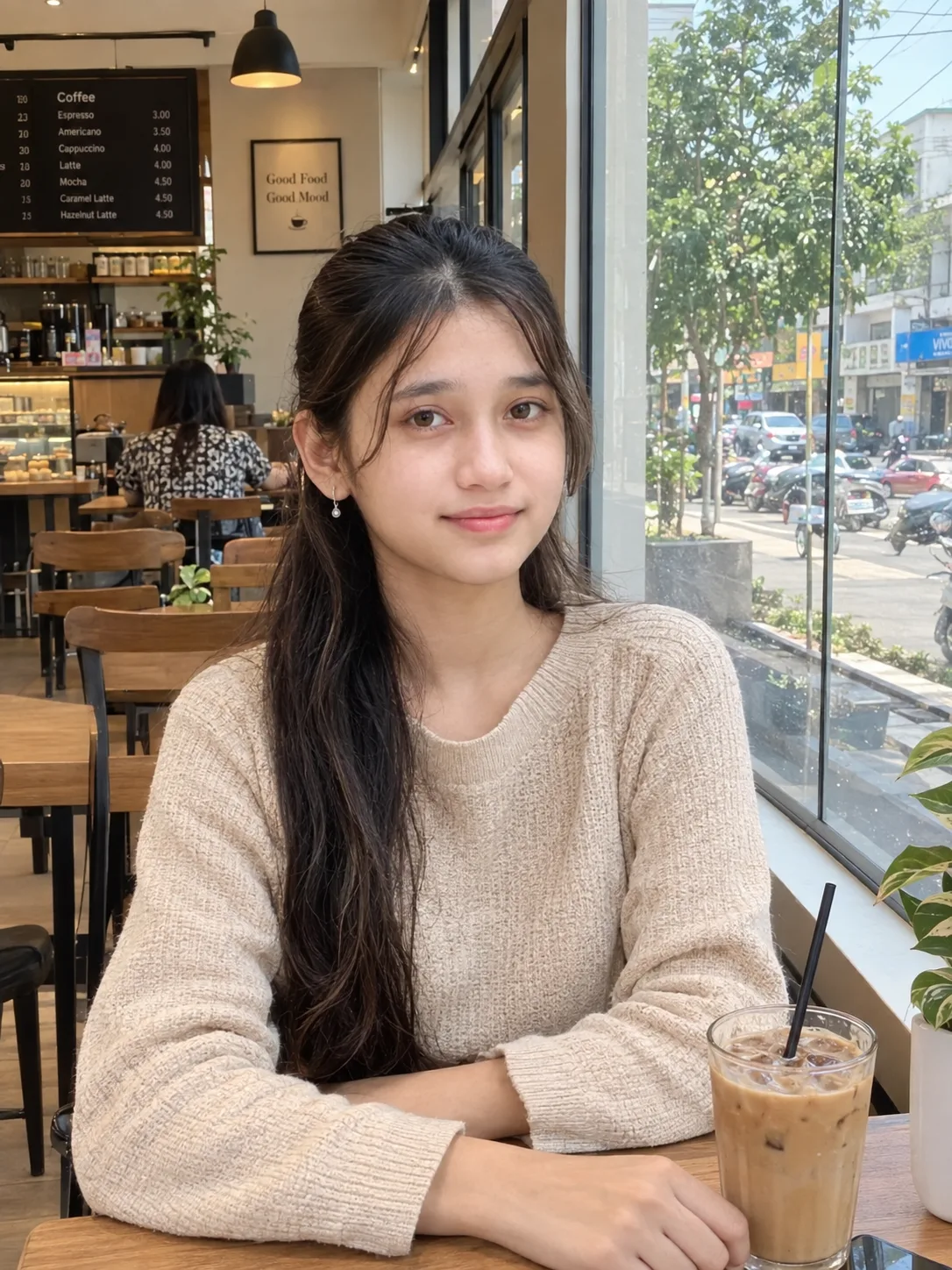 Ultra realistic photograph of a young woman sitting near a cafe window during daytime, shot on a real DSLR camera.