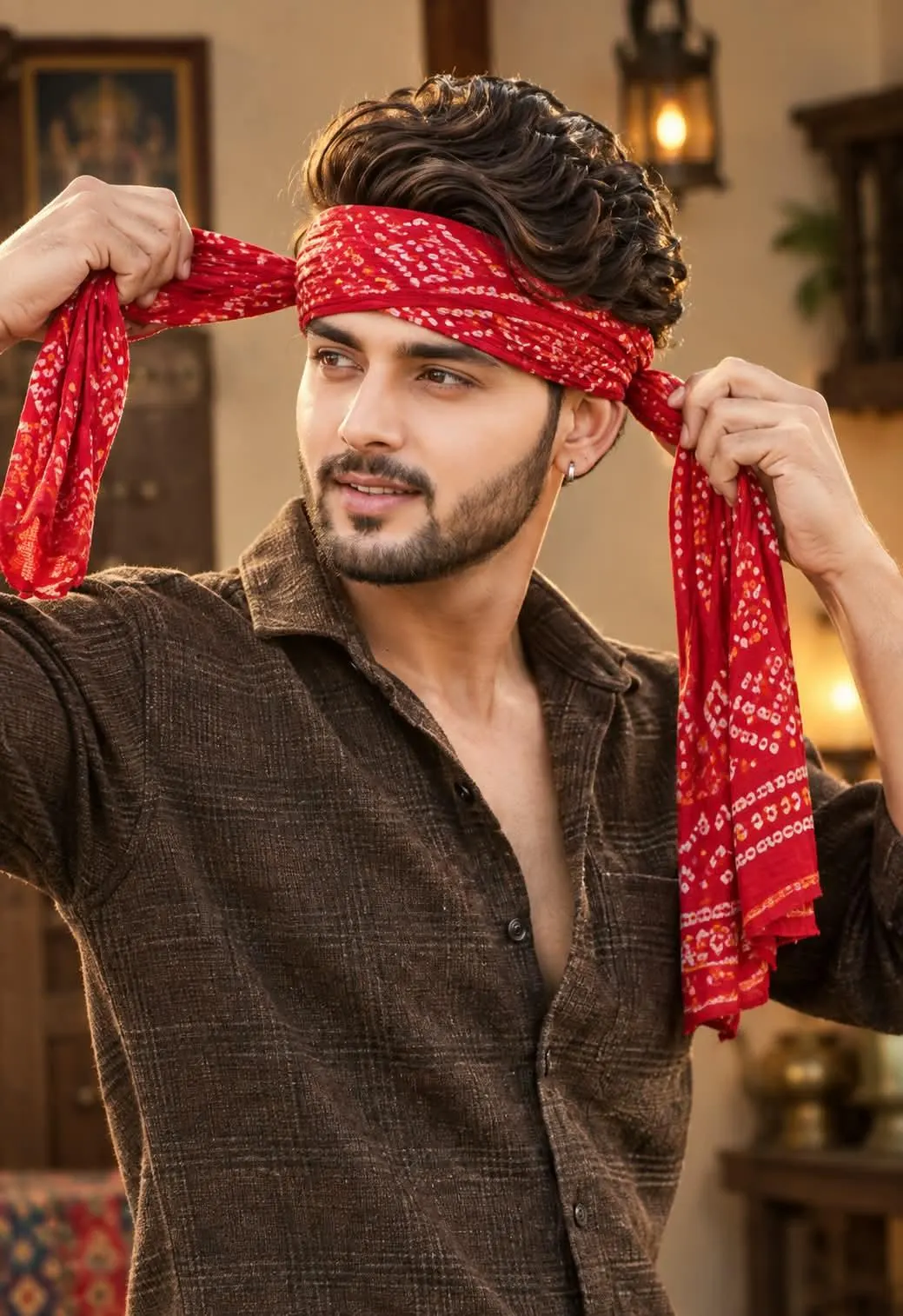 Ultra-realistic high-resolution portrait photograph of a young Indian man indoors, tying a traditional red Bandhani/Gamcha-style printed