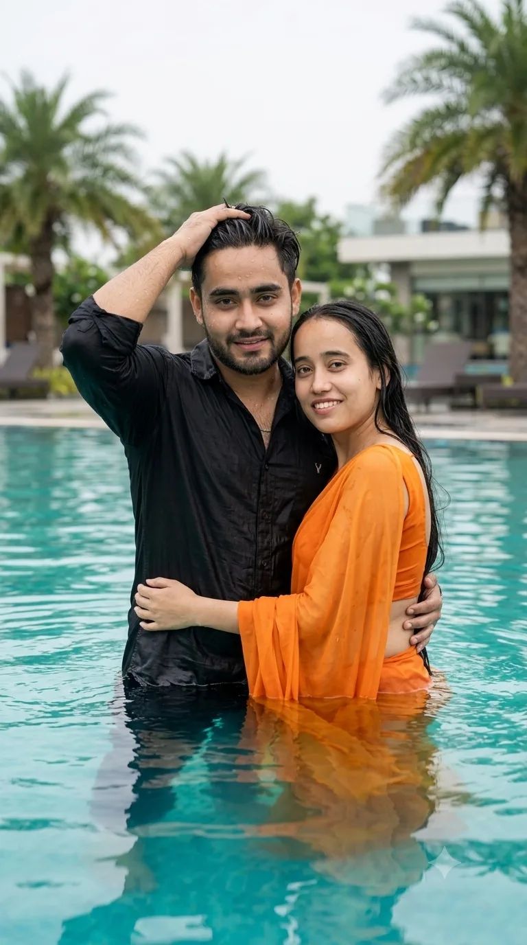 A photorealistic vertical medium shot in exact 9:16 aspect ratio capturing the young South Asian couple from the reference image standing