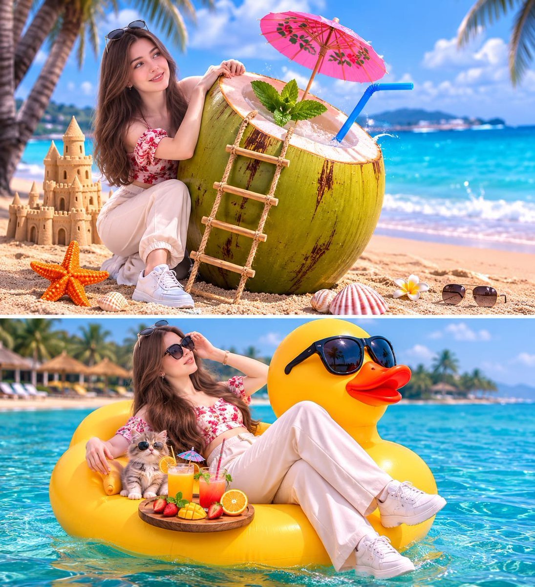 Prompt > Two ultra-realistic whimsical tropical vacation scenes featuring the same young woman with shoulder-length dark brown hair,