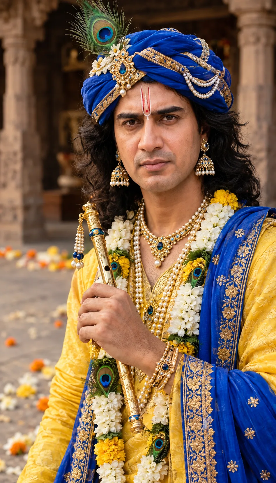 A handsome Indian man dressed as Lord Krishna, divine and royal look, long curly black hair, wearing a vibrant royal blue turban (pagdi)