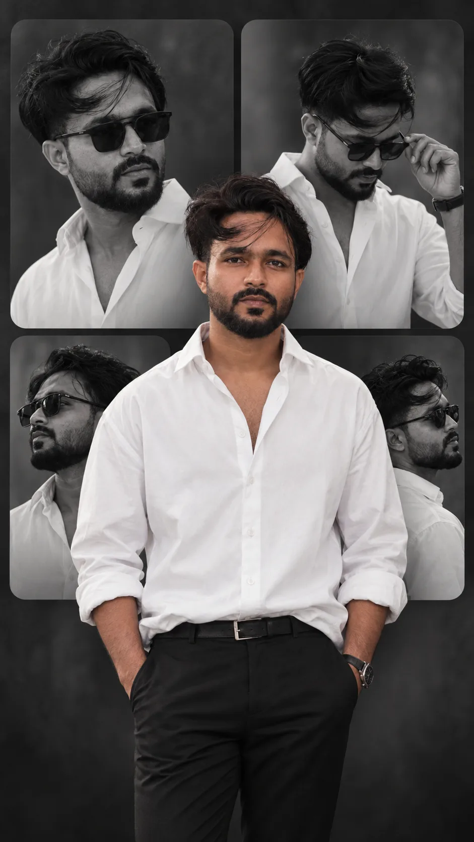 Create a high-end editorial fashion portrait collage of a stylish young man wearing a crisp oversized white button-down shirt, black