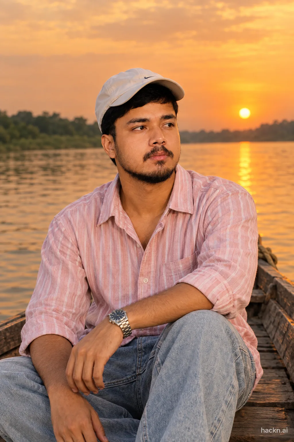Realistic photo of a young South Asian man sitting on a wooden boat at sunset, wearing a light-pink striped shirt, light-wash baggy jeans,