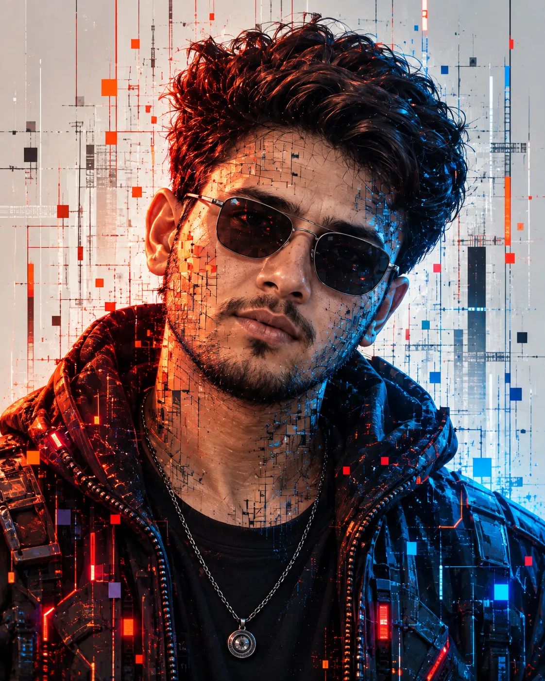 > Create an ultra-realistic vertical 4:5 cinematic cyberpunk editorial portrait of a handsome young South Asian man, framed from the chest