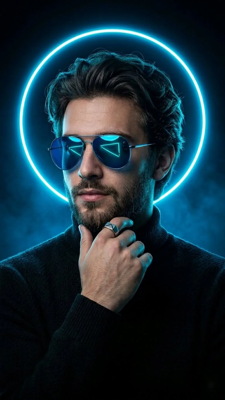 "A futuristic cyberpunk studio portrait of a handsome man with a neatly trimmed beard and textured dark brown hair, wearing a premium black