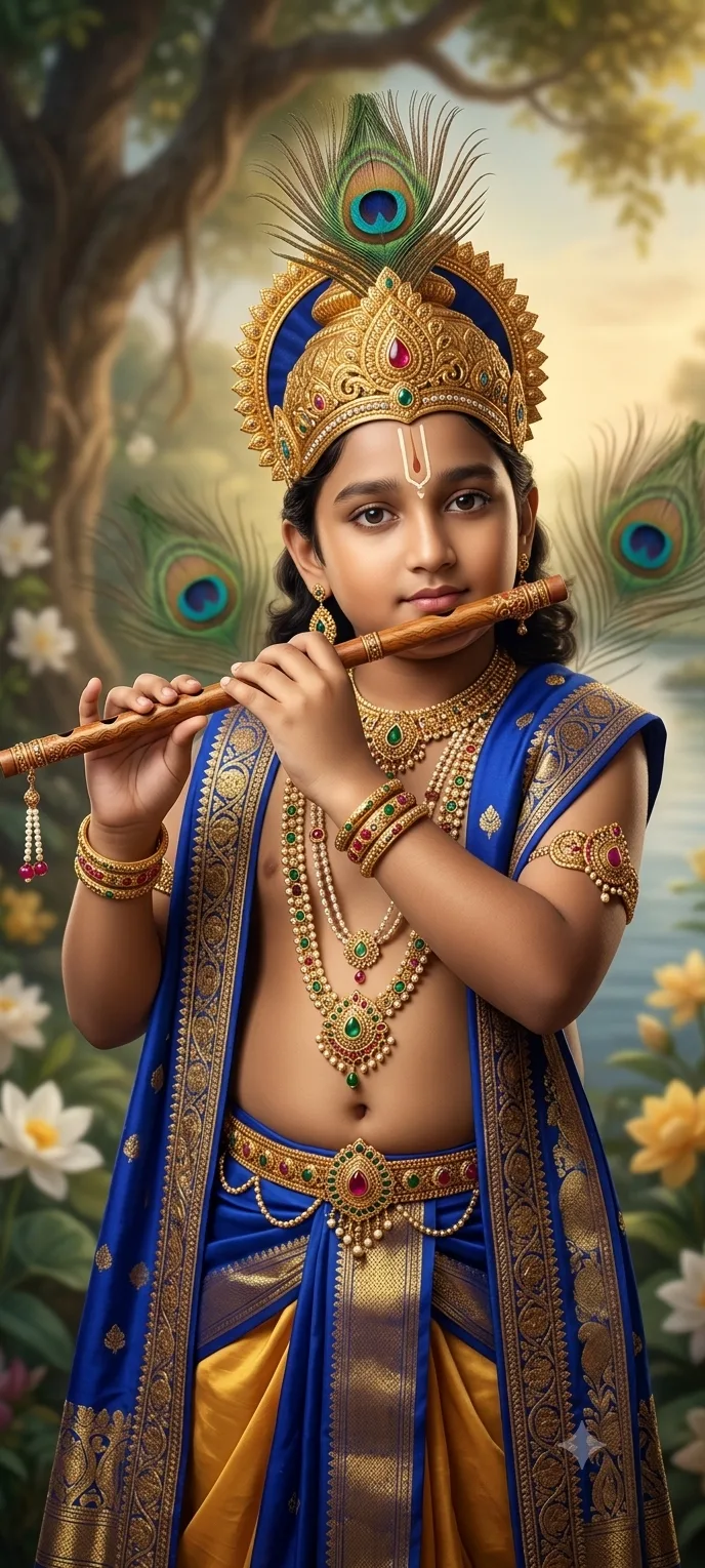 Prompt: A high-resolution, realistic portrait of the boy on the right side of the reference image, dressed as Lord Krishna in a classic