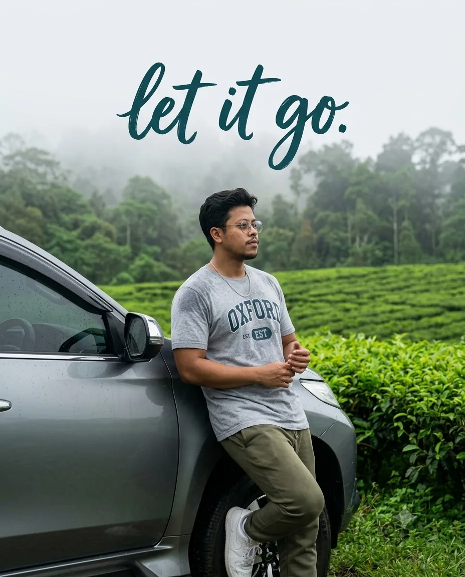 PROMPT A premium cinematic travel lifestyle portrait captured in a lush countryside duringa cool misty morning.