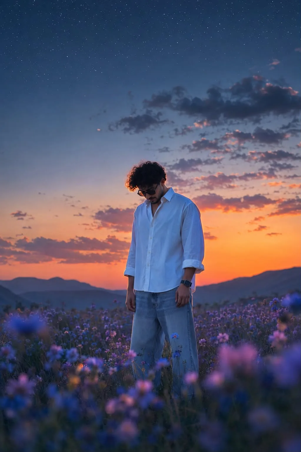 low angle full body cinematic photo of a young man standing alone in the middle of a vast field of blue and purple wildflowers at twilight