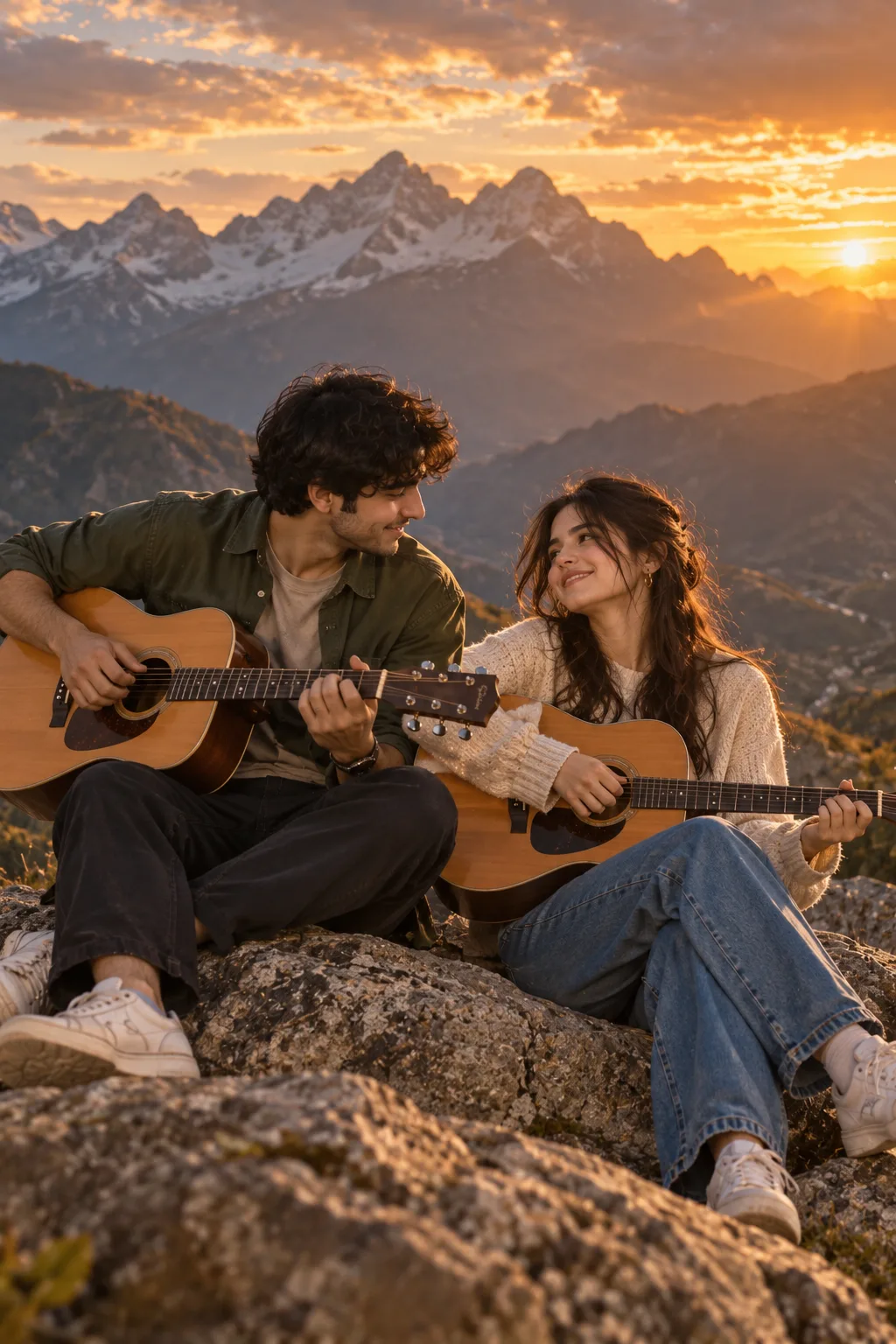 A vertical cinematic photograph capturing a young couple sitting closely together on a large boulder amidst a rugged mountain landscape