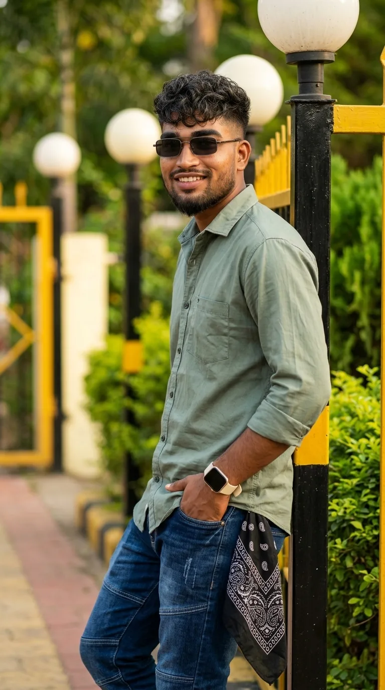 Detailed AI Image Prompt Vertical 9:16 outdoor lifestyle portrait of a young man leaning casually against a decorative pillar in a bright