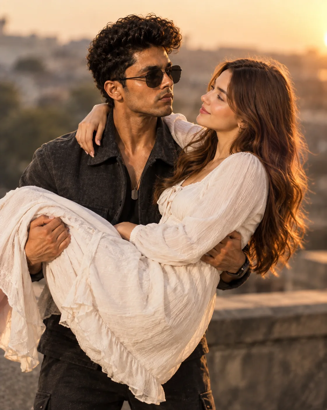 > Prompt: Create an ultra-realistic cinematic golden-hour couple photograph using the uploaded reference images as the exact identity