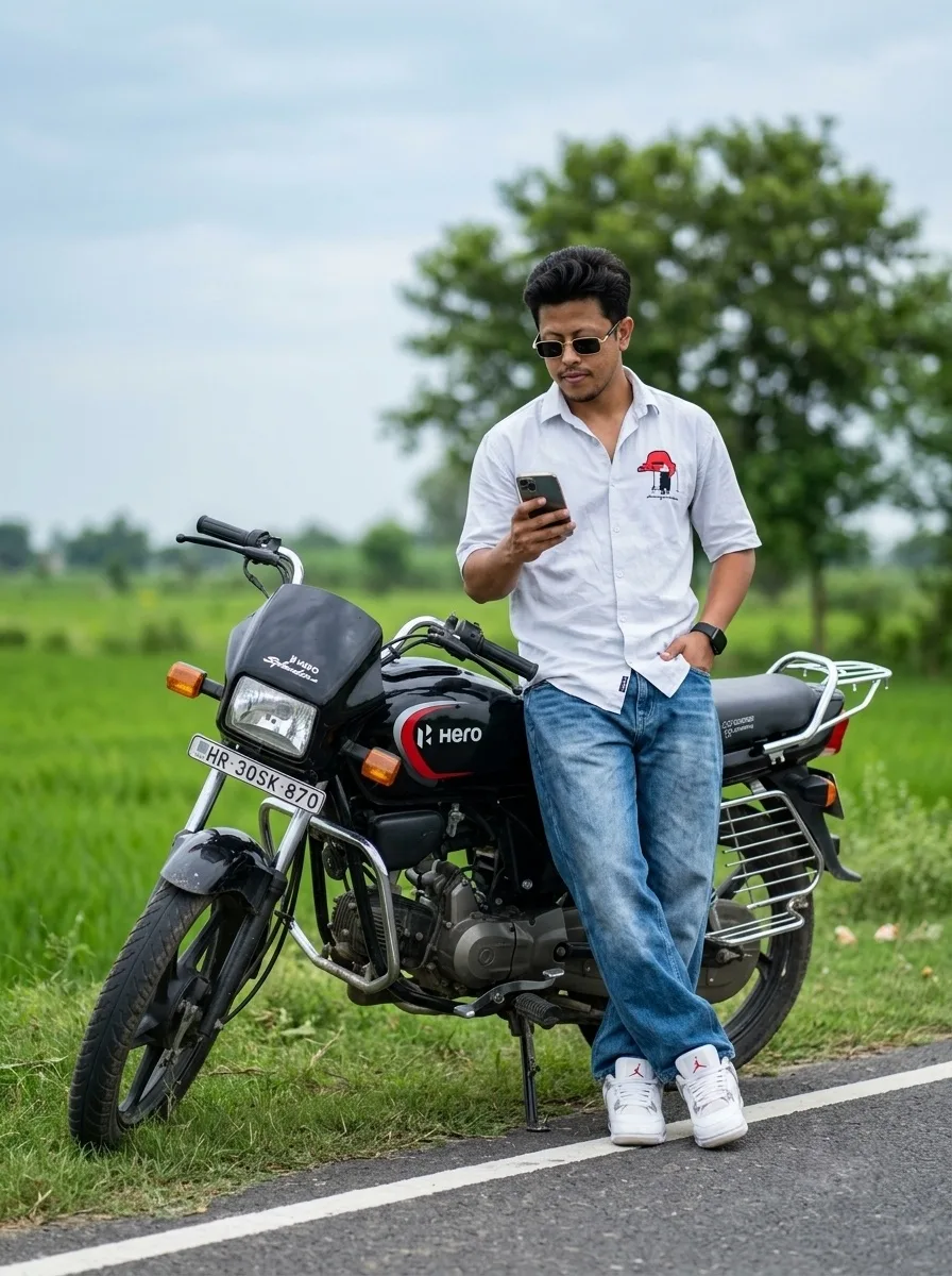 Photorealistic full body vertical portrait of a young Indian man in his mid 20s standing on a grassy roadside leaning slightly against a
