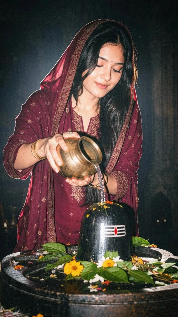 A serene young Indian woman wearing a deep maroon traditional salwar suit with intricate golden embroidery and a matching dupatta covering