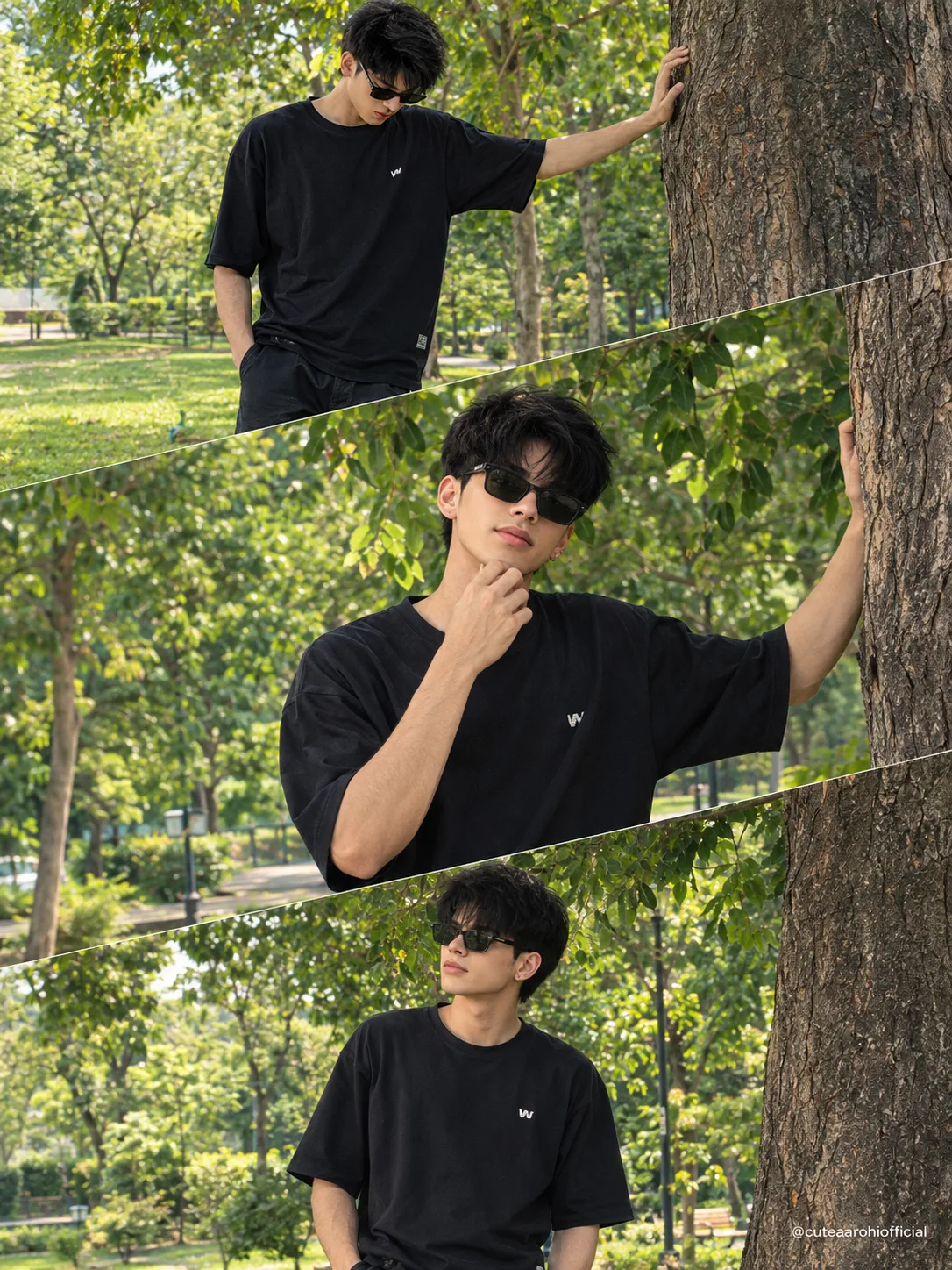 Ultra realistic DSLR photograph of a stylish young Indian man standing beside a large mature tree in a lush green park, presented as a