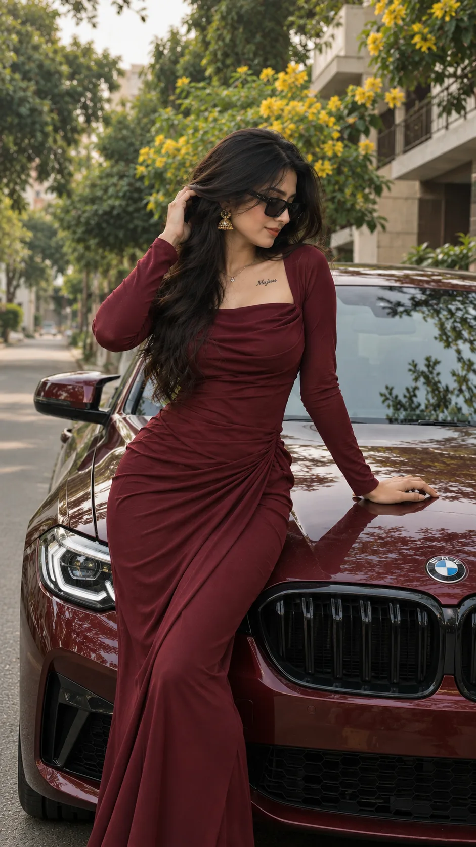 A stylish, realistic outdoor portrait of a beautiful young Indian woman standing and leaning against the hood of a maroon BMW car,