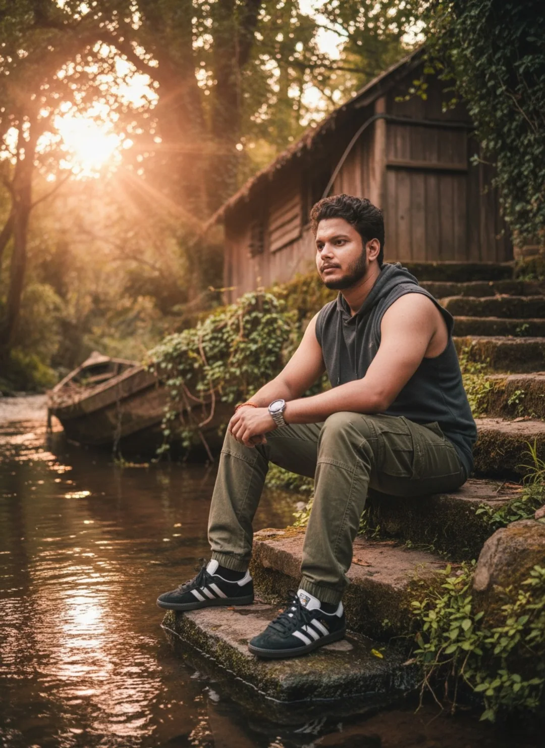 A young South Asian man with short dark curly hair, light beard and mustache, sitting relaxed on mossy stone steps beside a calm forest