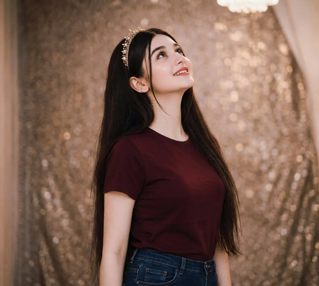 > A high-resolution photo of a graceful young South Asian woman with long, straight dark hair, wearing a dainty gold tiara with subtle