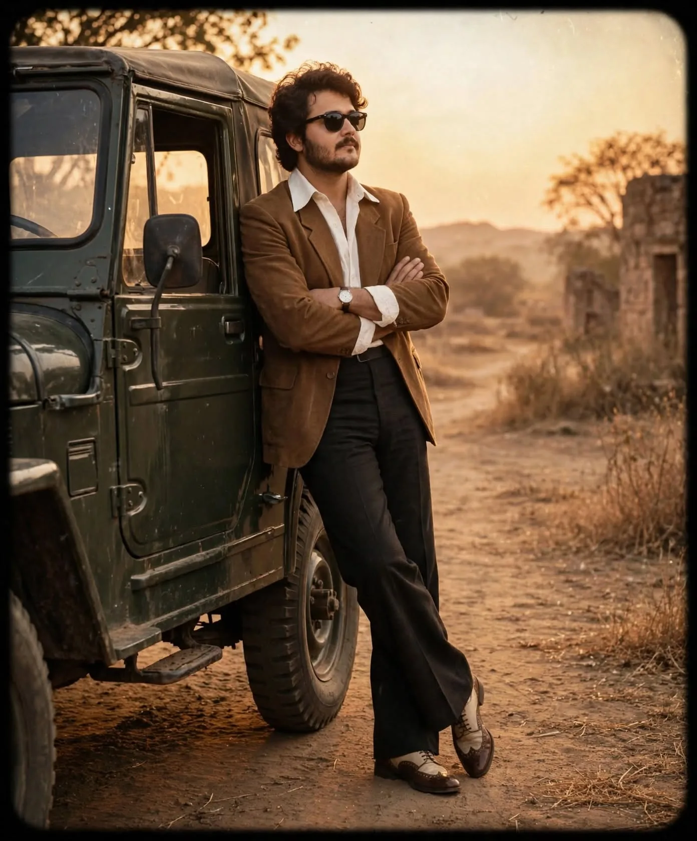 Create a vintage 1970s style cinematic portrait of a young Indian man with wavy dark hair and light stubble, wearing round sunglasses,
