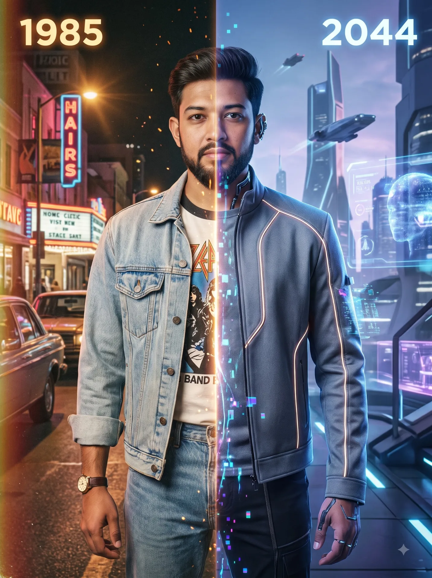 A stunning dual-timeline cinematic portrait featuring the same person standing at the center of a perfectly split frame, representing two