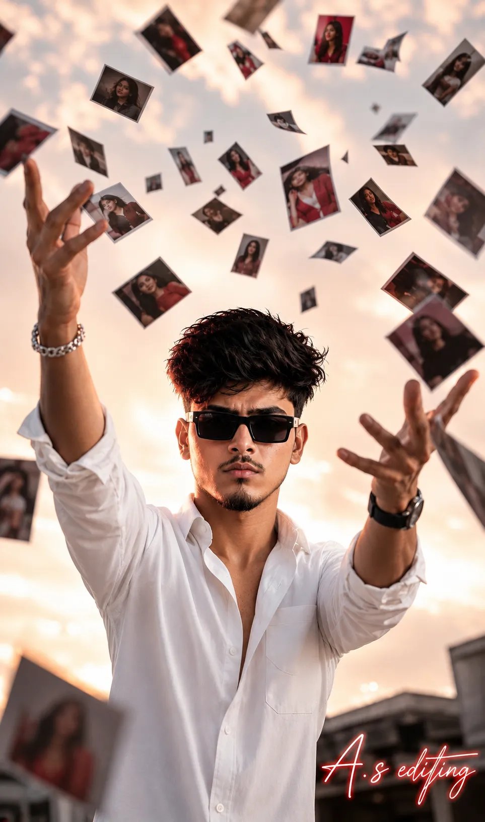 Ultra-realistic 16K shot of a 18-year-old man (use uploaded photo for 100% exact face & hair match) stylepose.He is throwing many printed