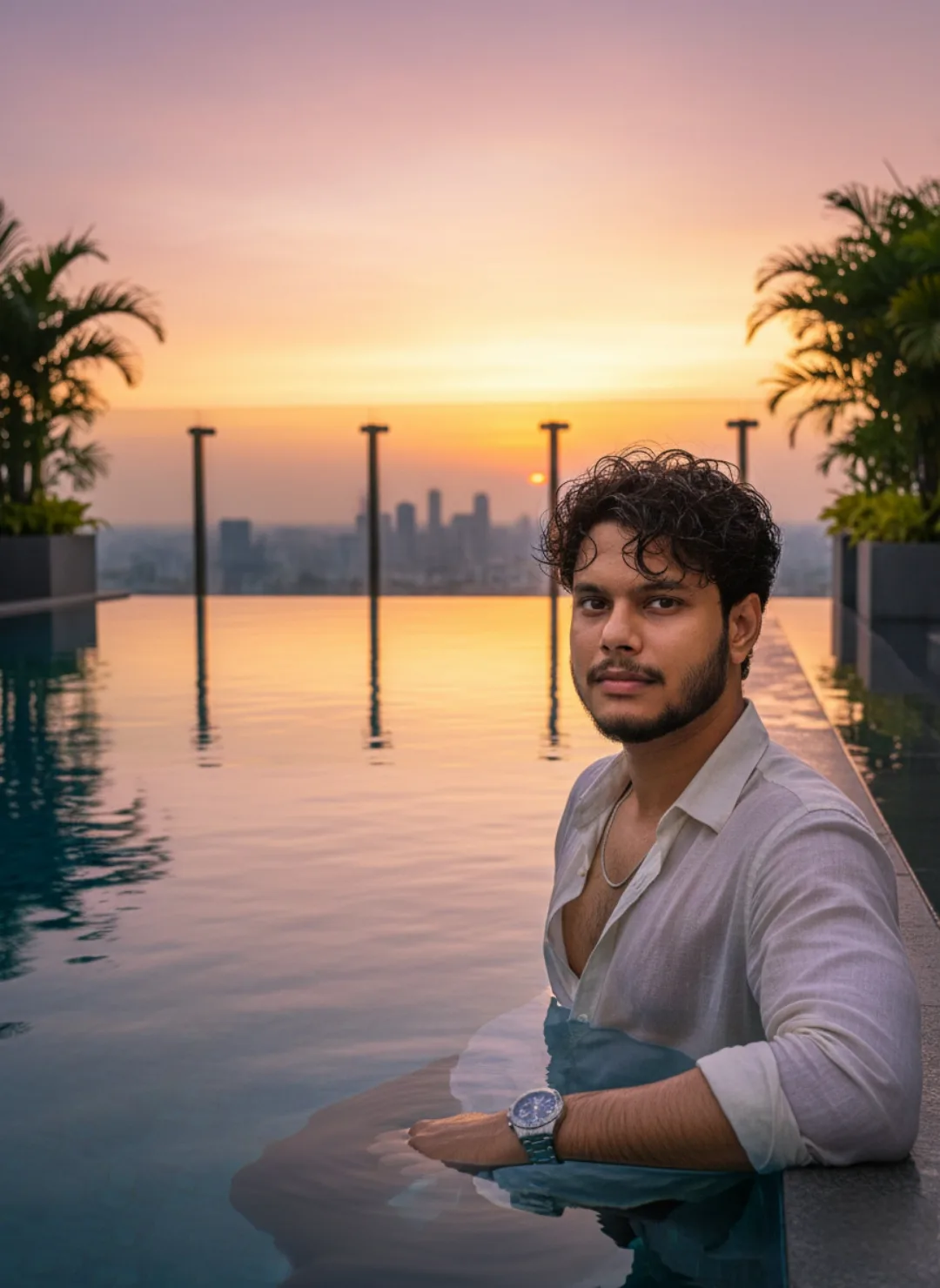 A cinematic photorealistic portrait of a handsome young South Asian man in his mid-20s with medium-brown skin, sharp facial features, thick