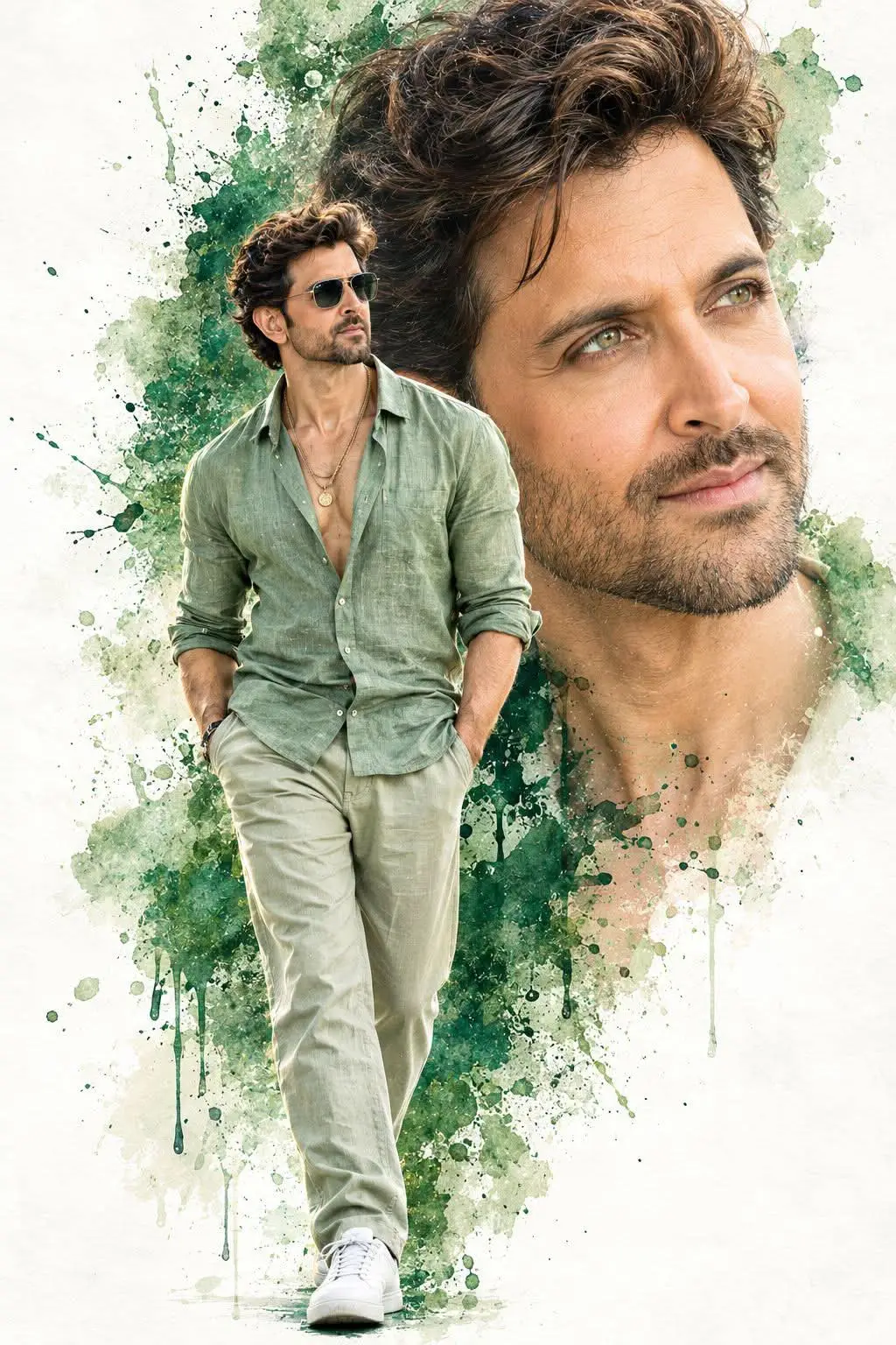 A artistic double exposure poster of handsome Indian actor Hrithik Roshan, featuring two perspectives fused together.