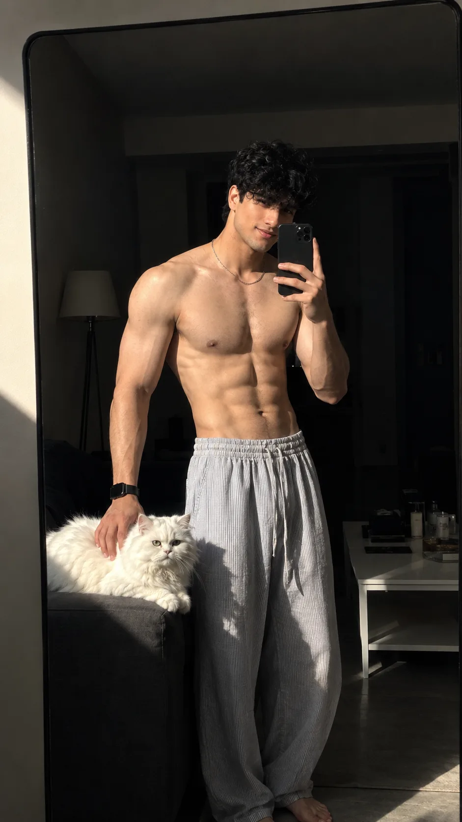 Ultra-realistic cinematic full-body mirror selfie of a young handsome man in a modern minimalist bedroom.