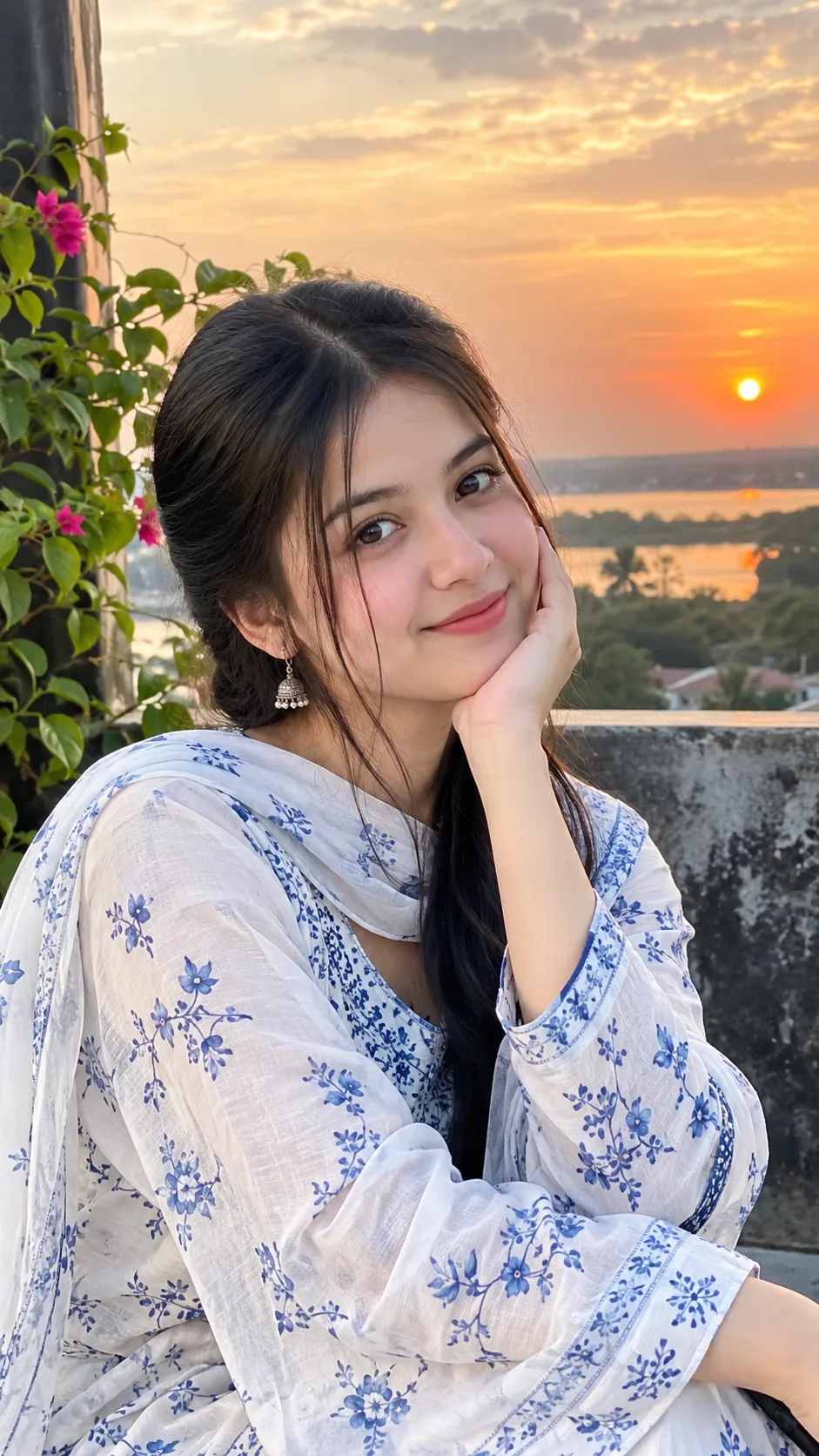 A highly realistic cinematic portrait of a beautiful South Asian girl wearing an elegant white and blue floral traditional outfit, softly