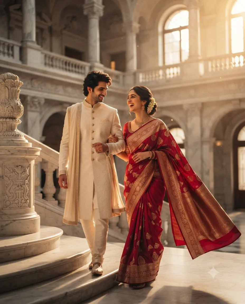 A royal couple captured in a candid, intimate moment, walking hand in hand down a grand marble staircase.