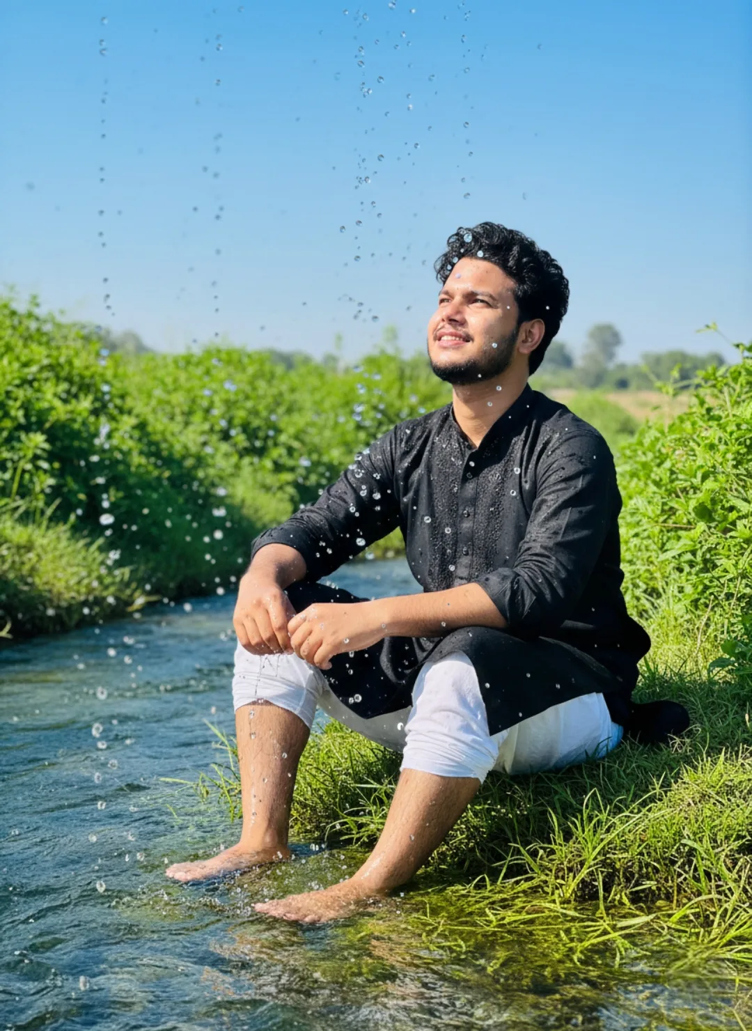 A young Indian man with curly black hair and a short well-groomed beard, sitting barefoot on the grassy bank of a clear flowing stream,