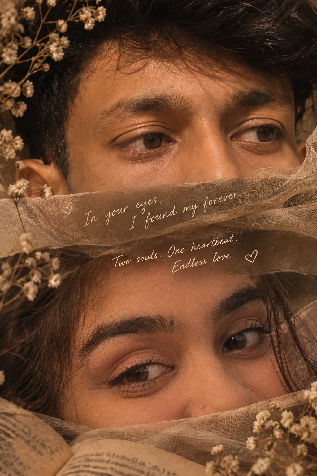 MOST TRENDING PROMPT Extreme close-up double-crop of BKT couple's eyes only, layered composition - his eyes above, hers below, both looking