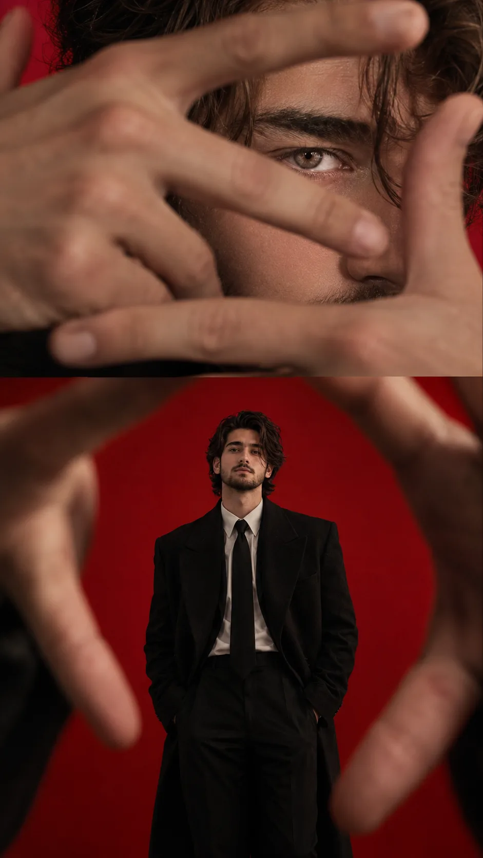 A highly cinematic, ultra-realistic fashion editorial photograph featuring a dramatic two-part composition of a handsome young man, using