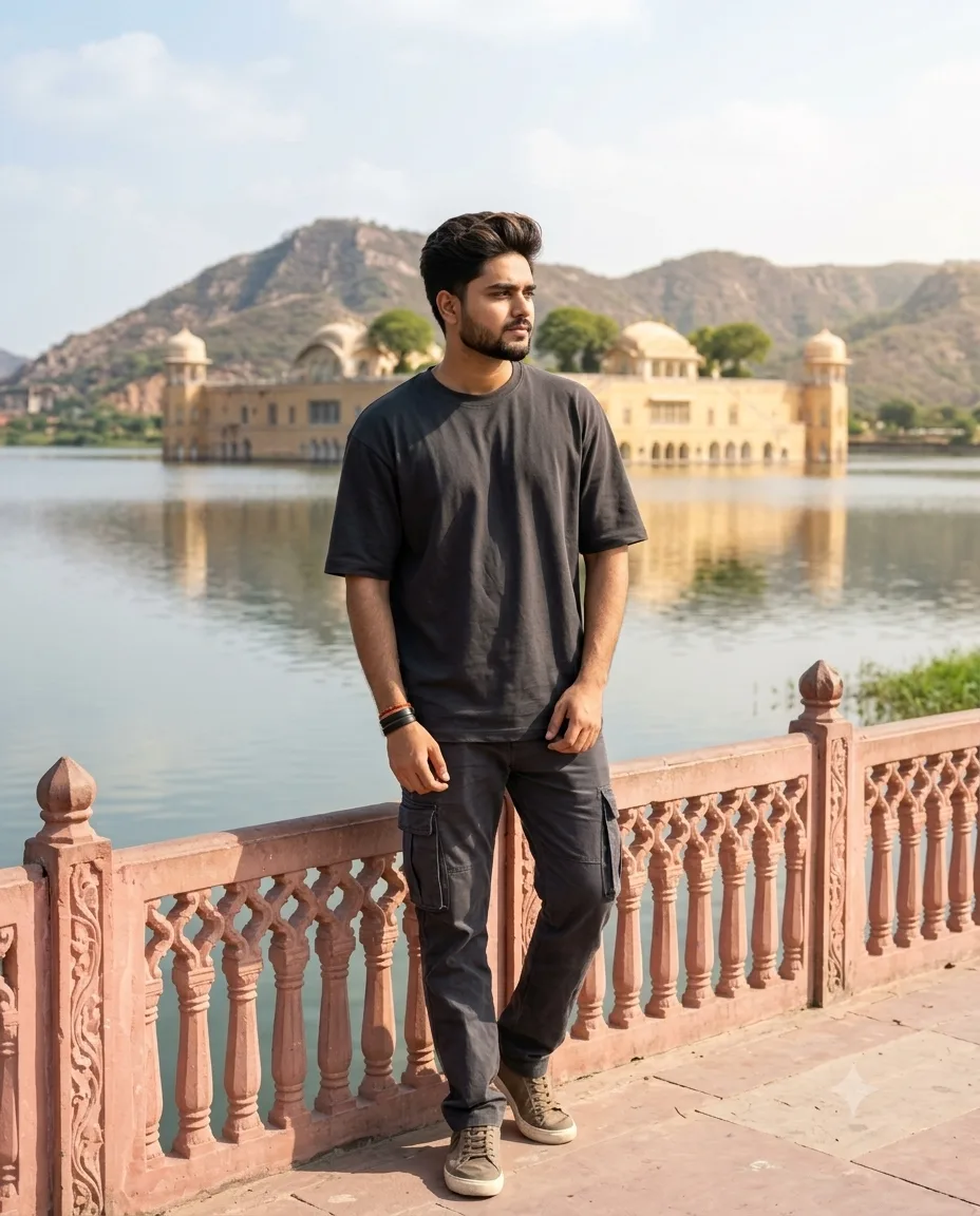 πΈ Exact Image Generation Prompt Create an ultra-realistic cinematic travel portrait of a young adult South Asian man standing beside a
