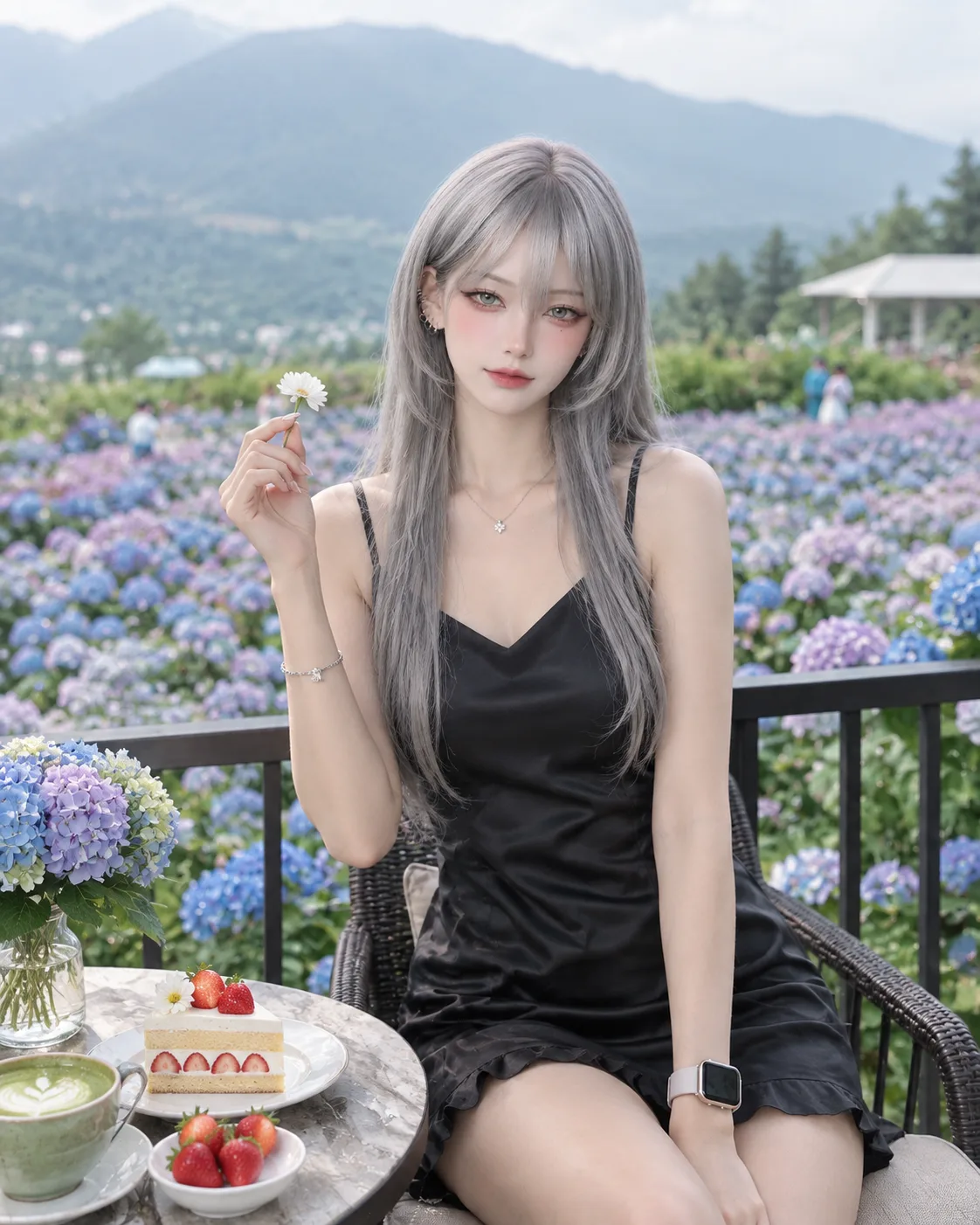 Create an ultra-realistic, high-resolution lifestyle portrait of a beautiful young woman sitting elegantly on a balcony overlooking a