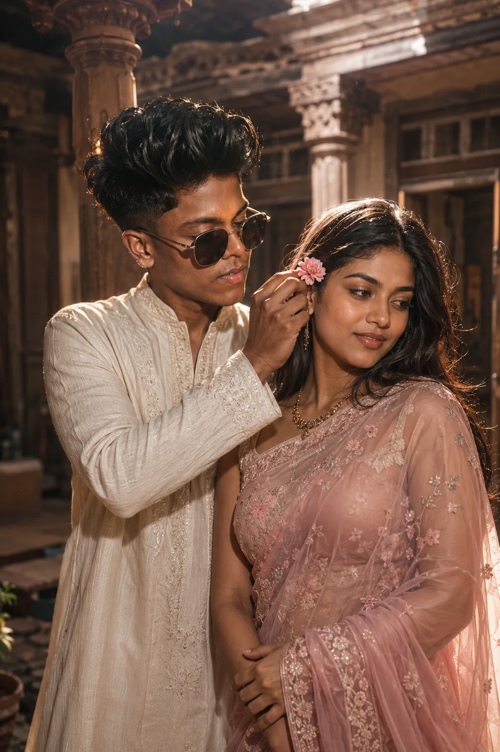 Ultra-realistic cinematic portrait of a young South Asian couple sharing a tender romantic moment inside a traditional heritage home.