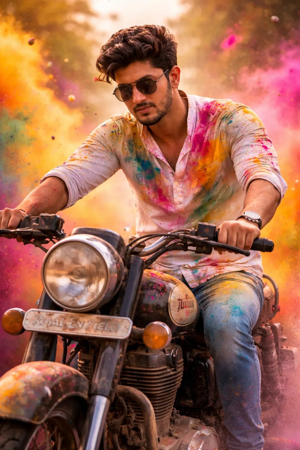 Ultra-realistic cinematic Holi action portrait of a young Indian man ridding confidently on a Royal Enfield Bullet, intense confident