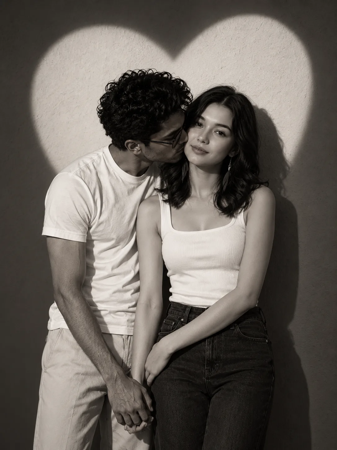 Create a romantic black-and-white studio portrait of a real skinny, not medium weighed, couple standing in front of a wall with a
