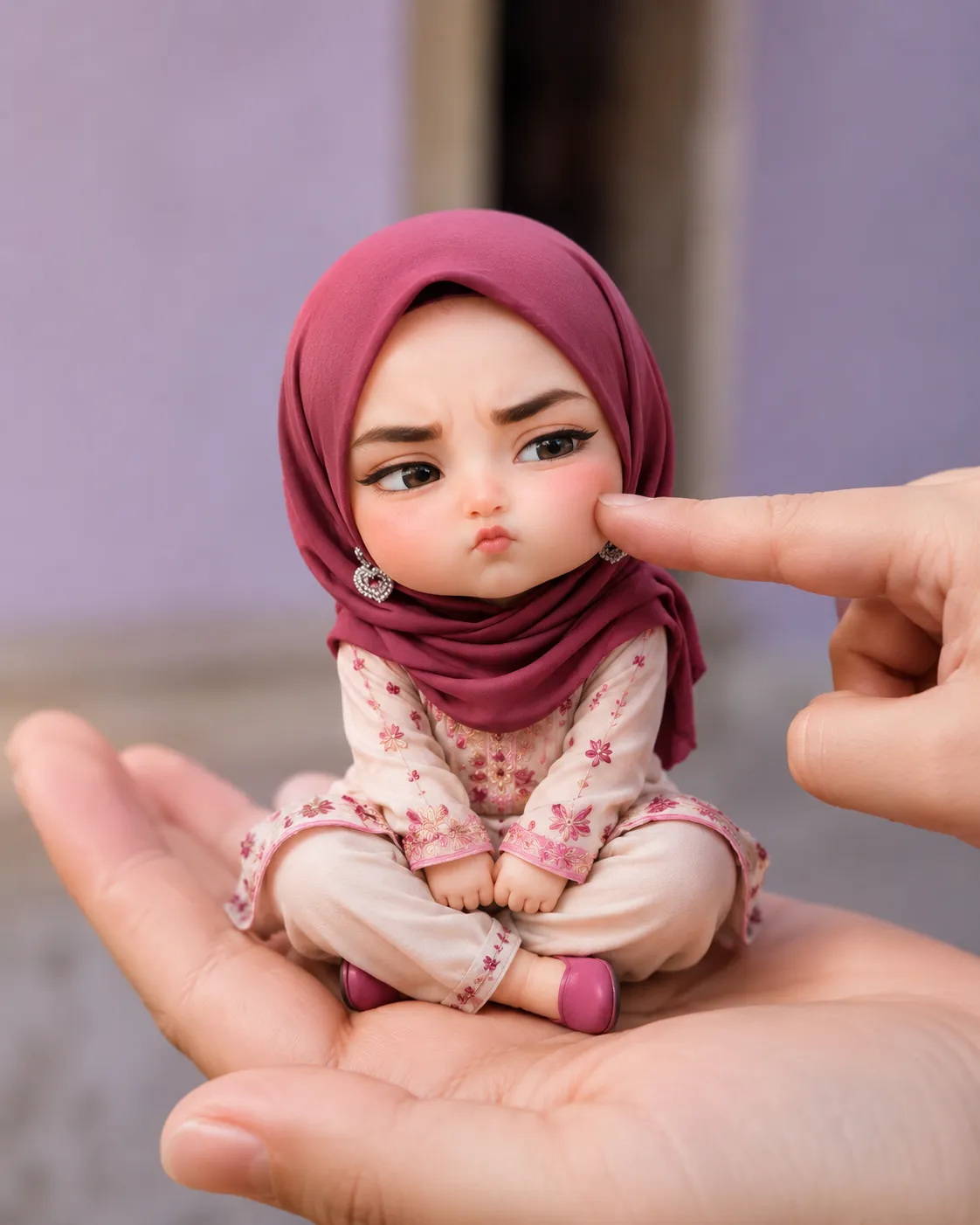 A mini chibi version of the character in the uploaded image, with a big head and small body, sitting on an open left palm for realistic