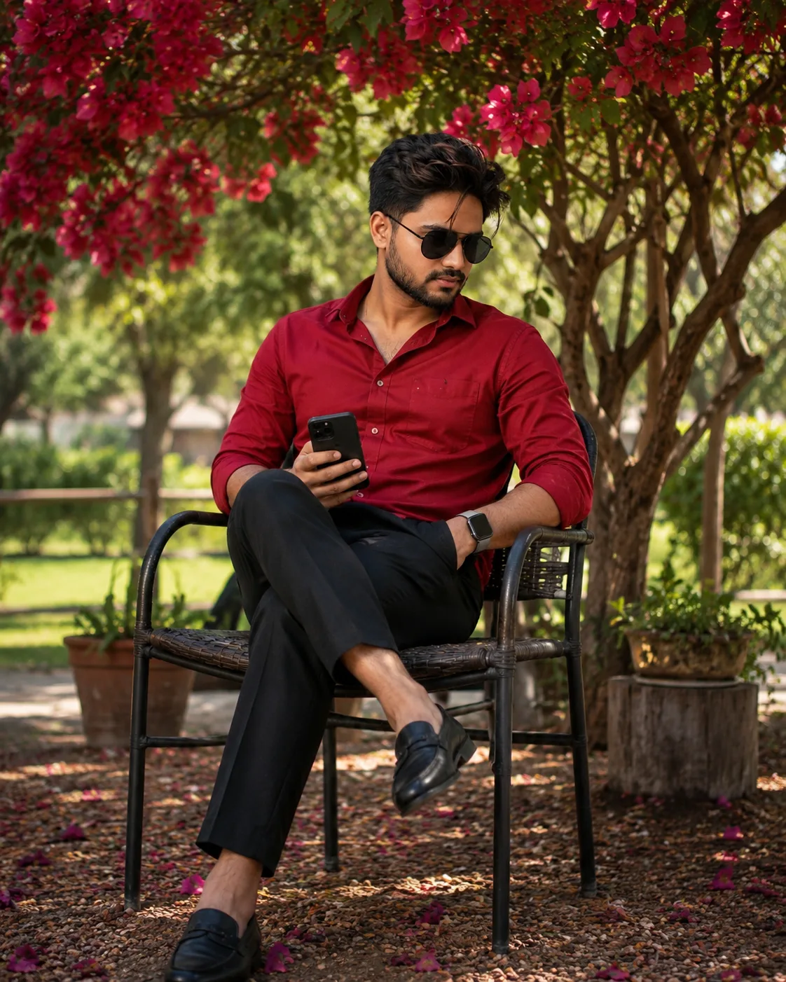 Ultra-realistic 16k full-movie Generate a vibrant photo of the uploaded person, Sitting a garden stylish chair outdoors under vibrant red