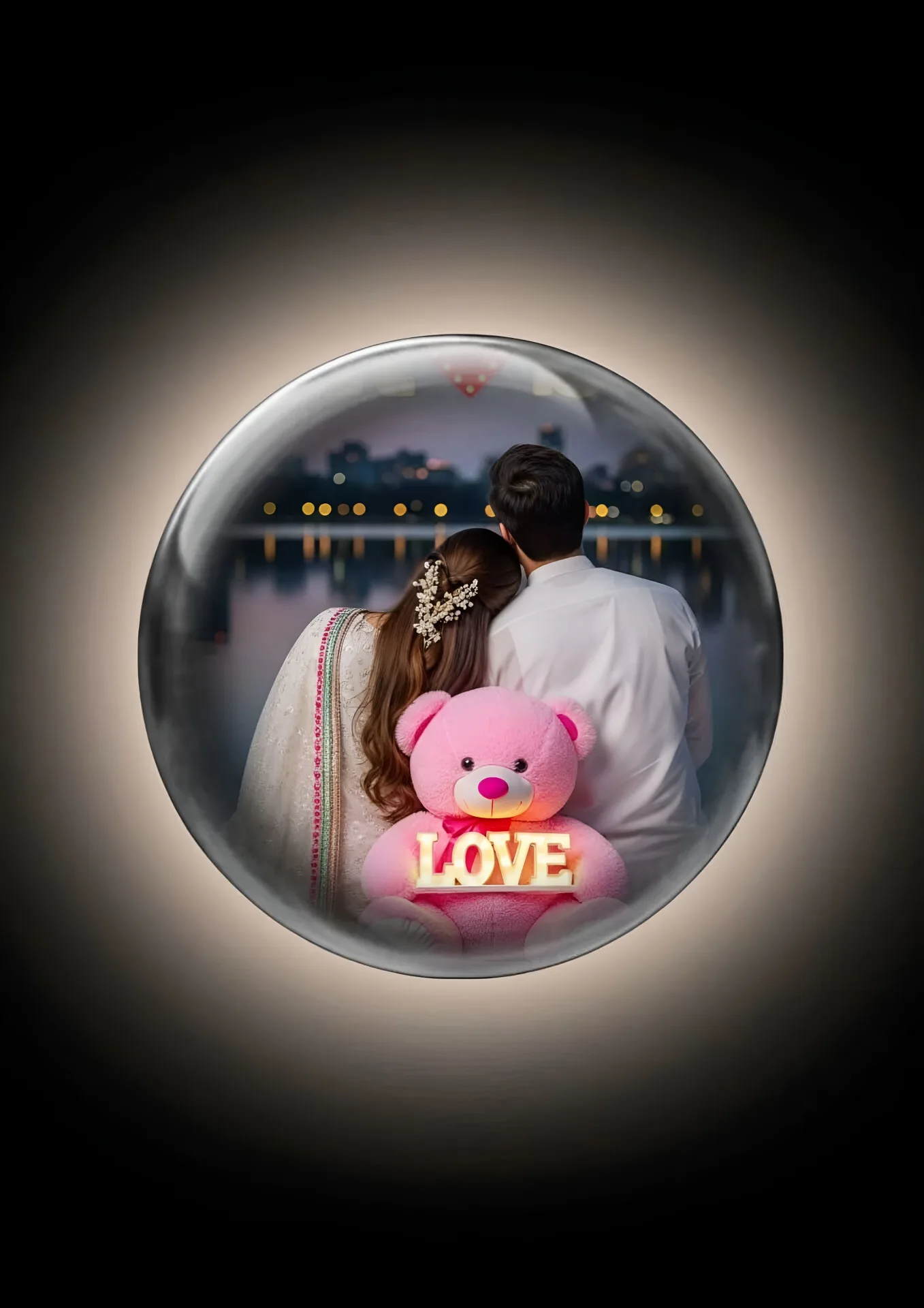 A creative vertical digital art concept capturing a romantic couple inside a glass sphere.