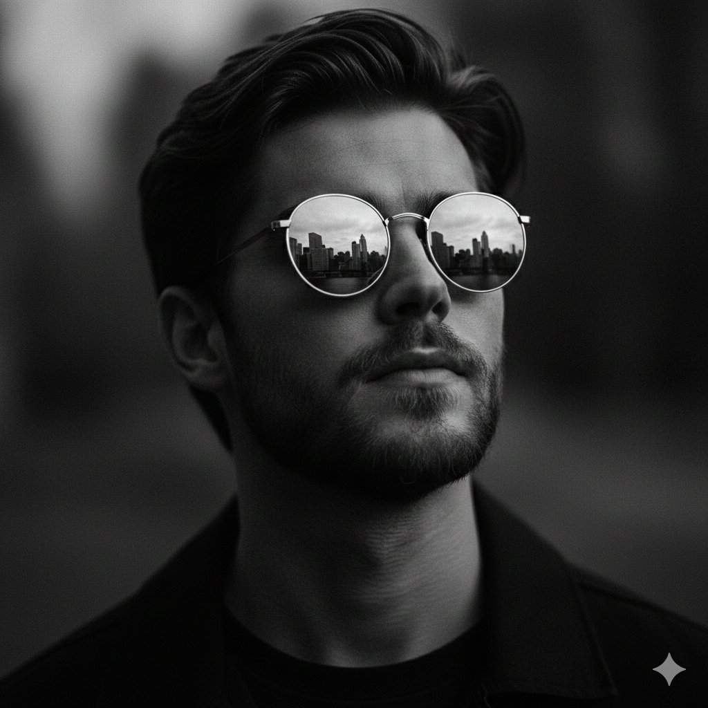 A high-contrast, cinematic black and white portrait of a man looking slightly upward.