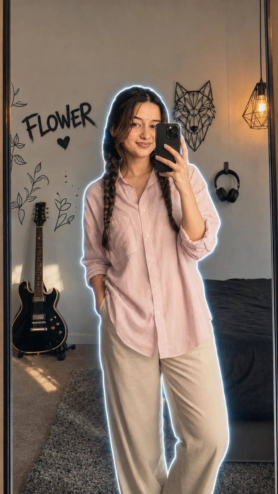 Create an ultra-realistic, high-detail cinematic mirror-selfie portrait of a young adult South Asian woman standing in a stylish modern