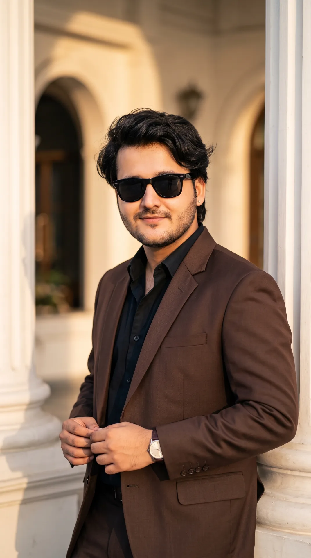 Fair Handsome slight fatty young Indian man with fair wheatish skin, stylish voluminous hair, neatly trimmed beard, wearing black